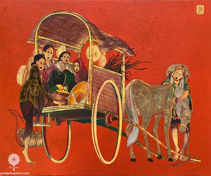 New Day captures the energy of a horse-drawn journey in lacquer’s signature red tones.