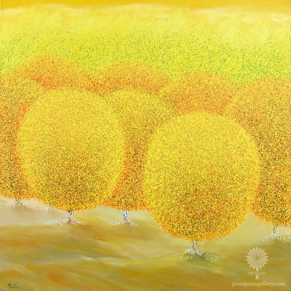 “Happy Season III” utilizes meticulous dots to form vibrant, expressive foliage.