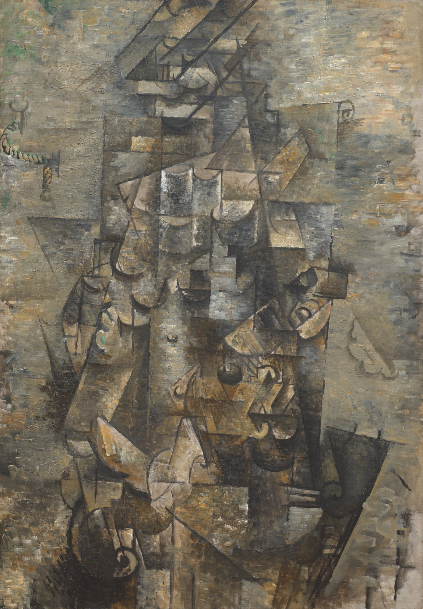 Man with a Guitar của Georges Braque phân tách hình ảnh thành nhiều mảng hình học đặc trưng của lập thể.