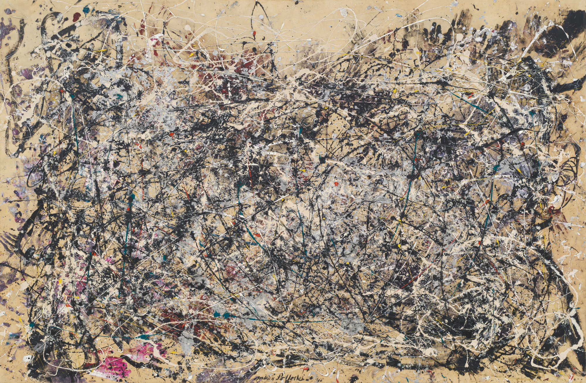 Jackson Pollock's Number 1A, 1948 features interwoven layers of paint and freely flowing, dynamic lines.