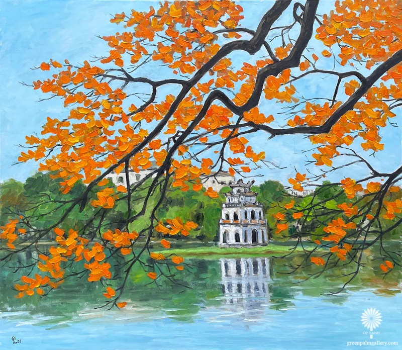 Tháp Rùa và những tán cây chuyển màu tạo điểm nhấn trong Sớm mai bên hồ Hoàn Kiếm.